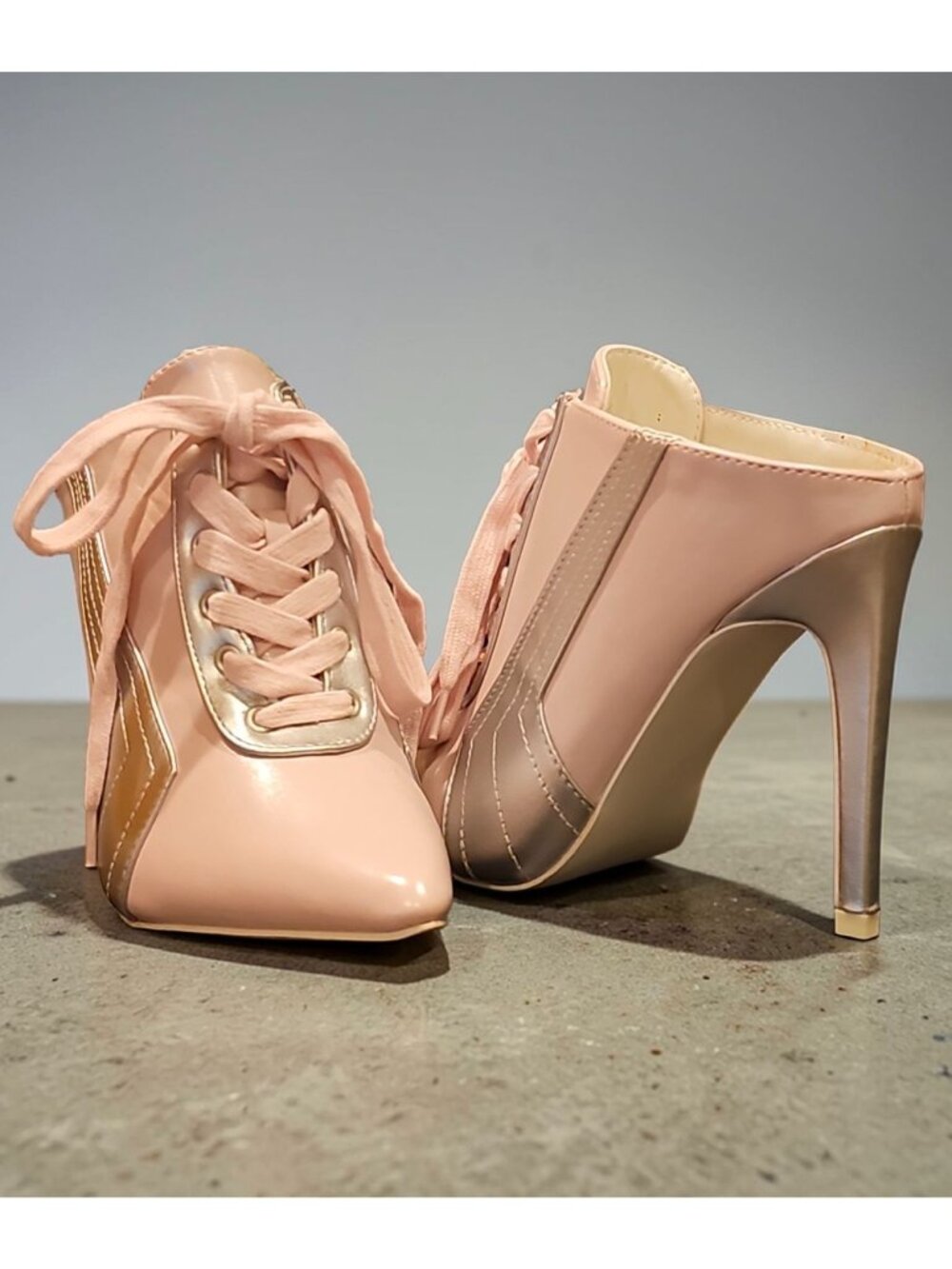 Lace-Up Pointed Toe Pink & Silver Stiletto Heel Mules With Side Stitching & Glos